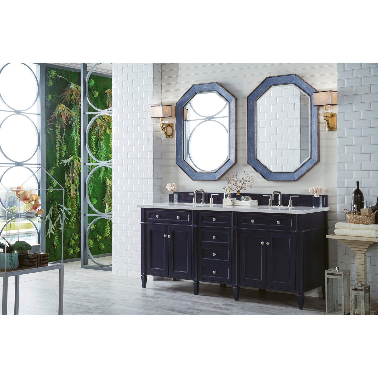 James Martin Vanities Brittany 72" Victory Blue Double Vanity With 3cm Eternal Jasmine Pearl Quartz Top