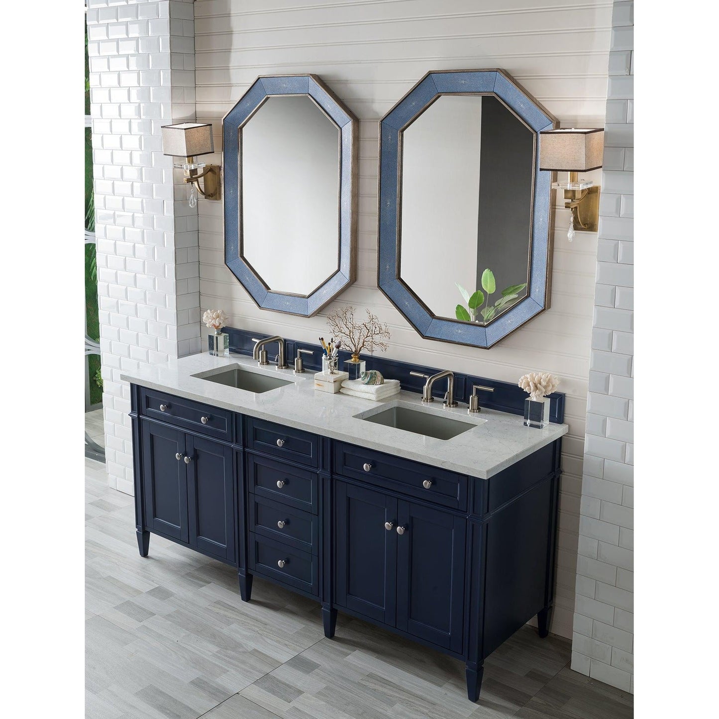 James Martin Vanities Brittany 72" Victory Blue Double Vanity With 3cm Eternal Jasmine Pearl Quartz Top