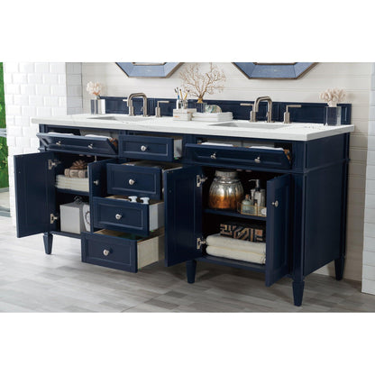 James Martin Vanities Brittany 72" Victory Blue Double Vanity With 3cm Ethereal Noctis Quartz Top