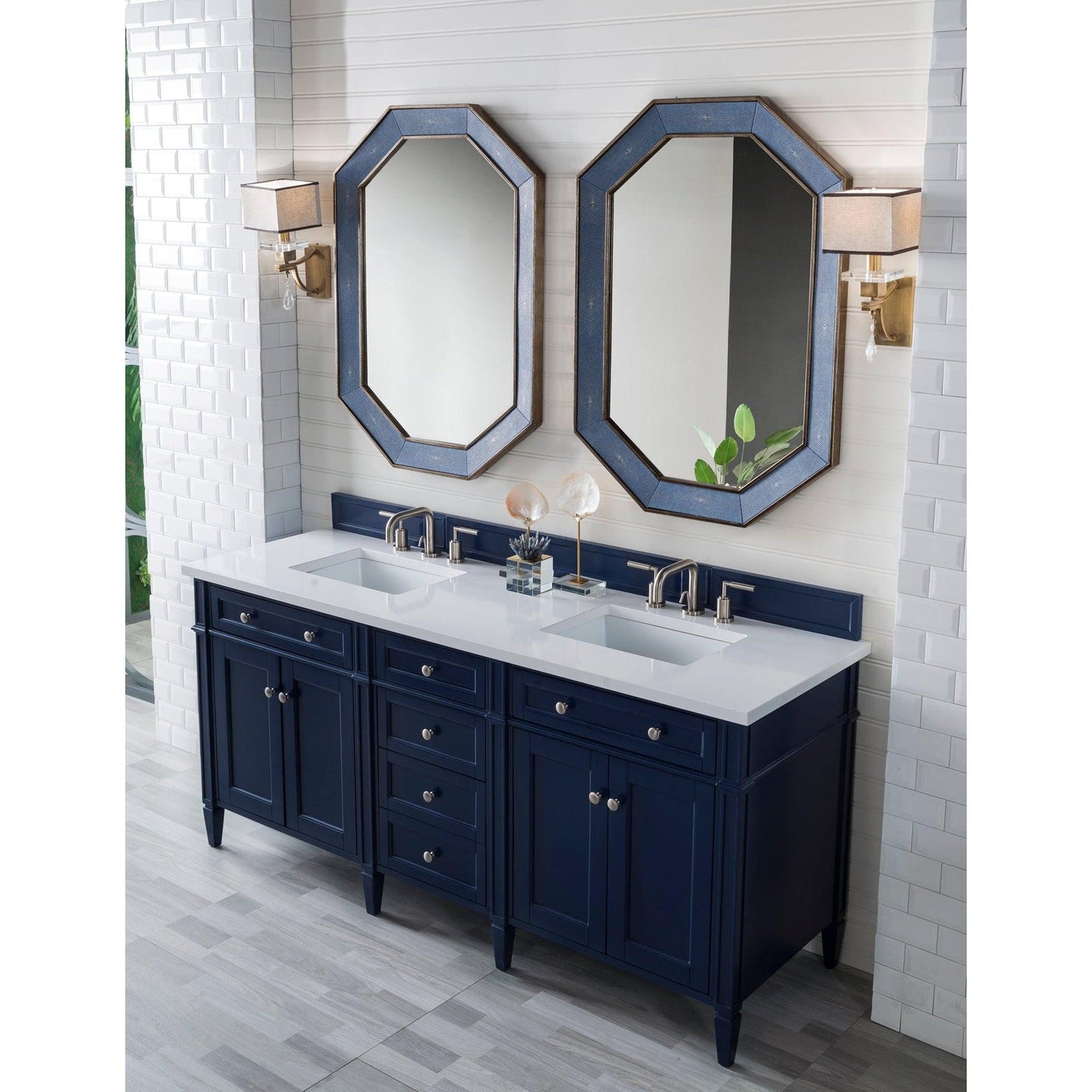 James Martin Vanities Brittany 72" Victory Blue Double Vanity With 3cm White Zeus Quartz Top