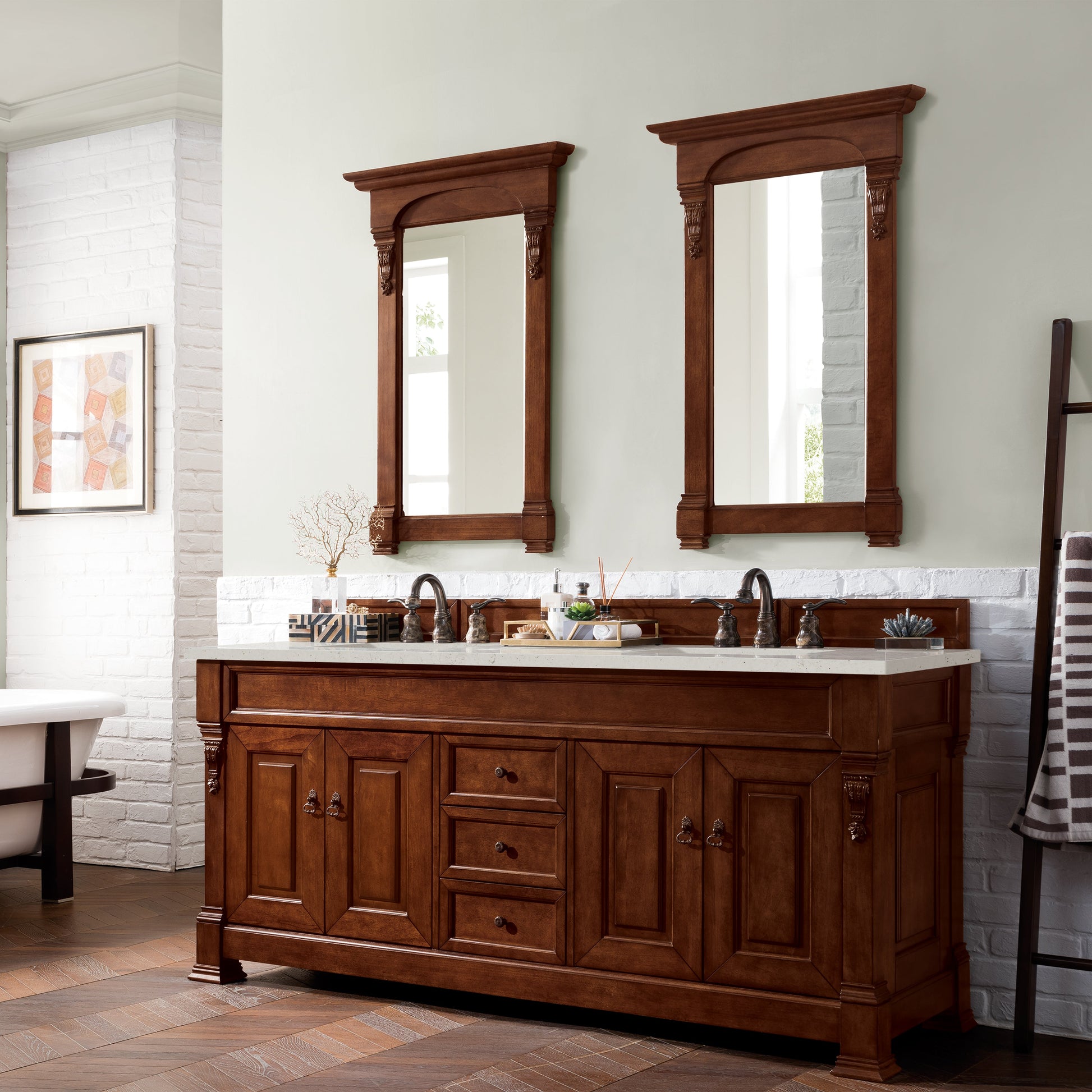 James Martin Vanities Brittany 72" Warm Cherry Double Vanity With 3 cm Lime Delight Quartz Top