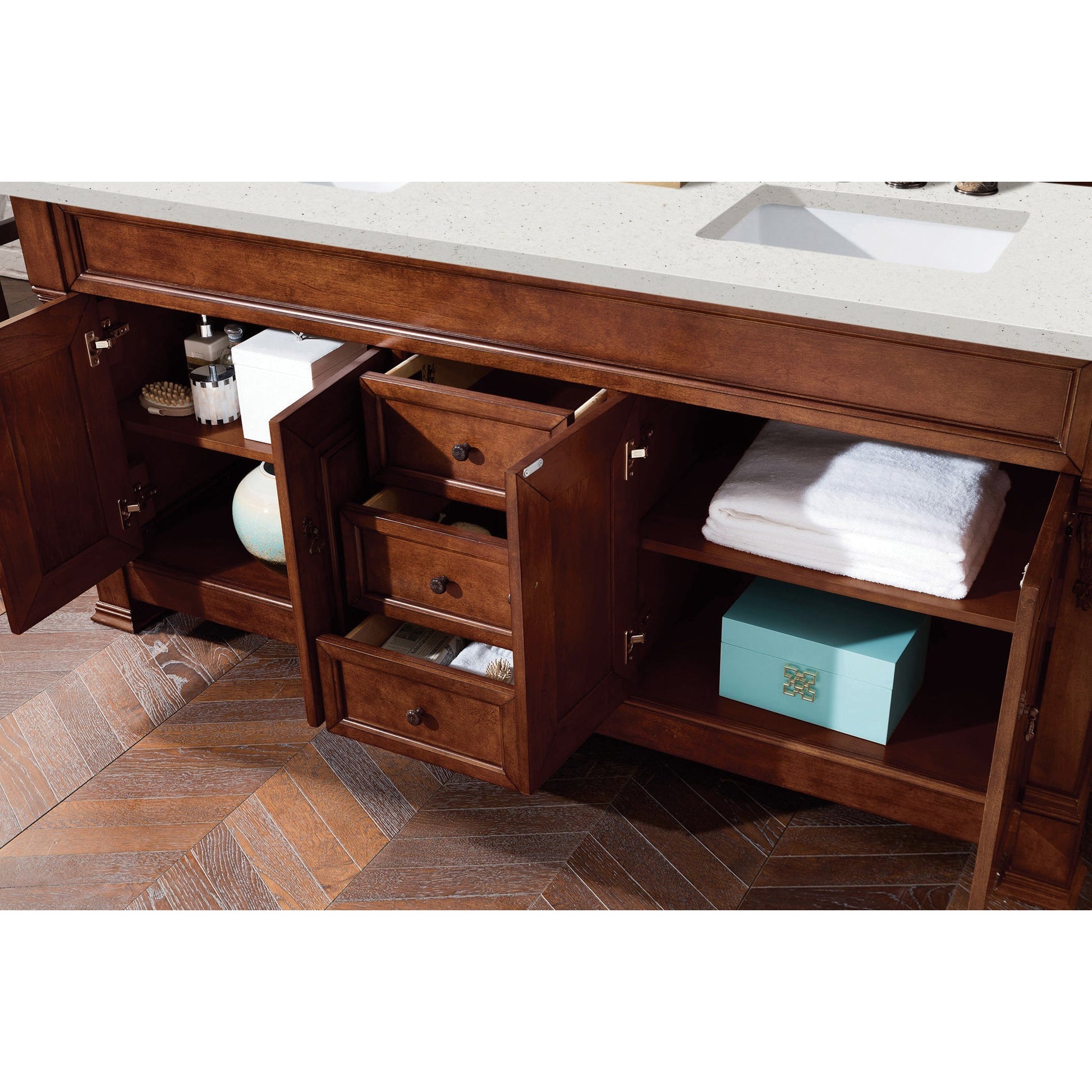 James Martin Vanities Brittany 72" Warm Cherry Double Vanity With 3 cm Lime Delight Quartz Top