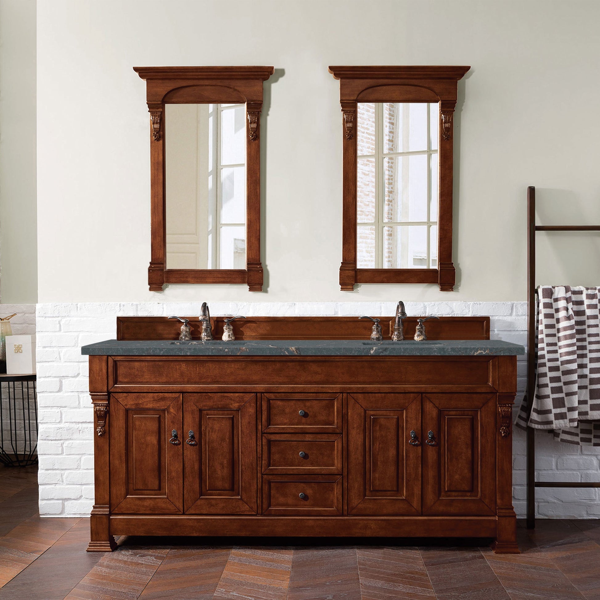 James Martin Vanities Brittany 72" Warm Cherry Double Vanity With 3 cm Parisien Bleu Quartz Top