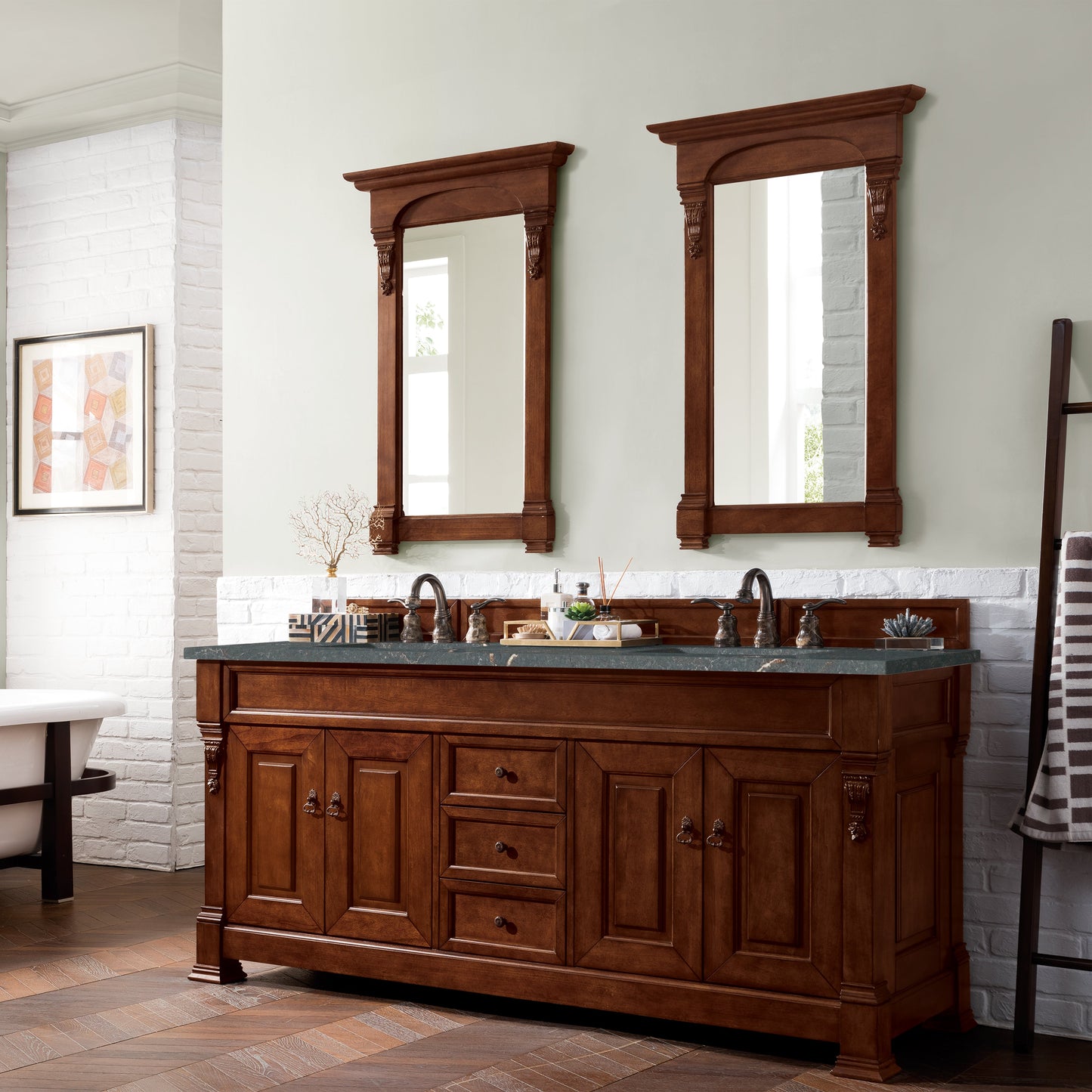 James Martin Vanities Brittany 72" Warm Cherry Double Vanity With 3 cm Parisien Bleu Quartz Top