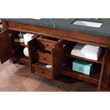 James Martin Vanities Brittany 72" Warm Cherry Double Vanity With 3 cm Parisien Bleu Quartz Top