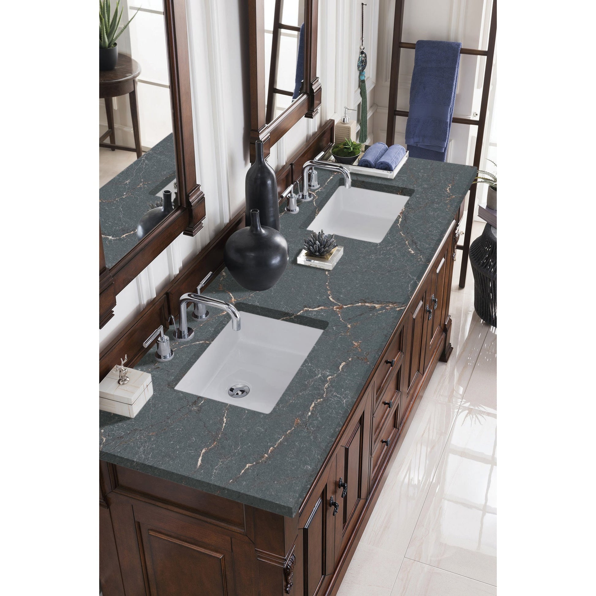 James Martin Vanities Brittany 72" Warm Cherry Double Vanity With 3 cm Parisien Bleu Quartz Top