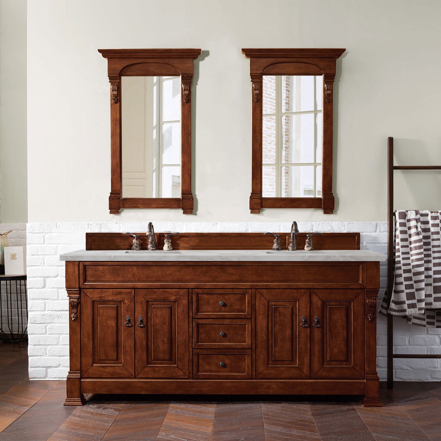 James Martin Vanities Brittany 72" Warm Cherry Double Vanity With 3 cm Victorian Silver Quartz Top