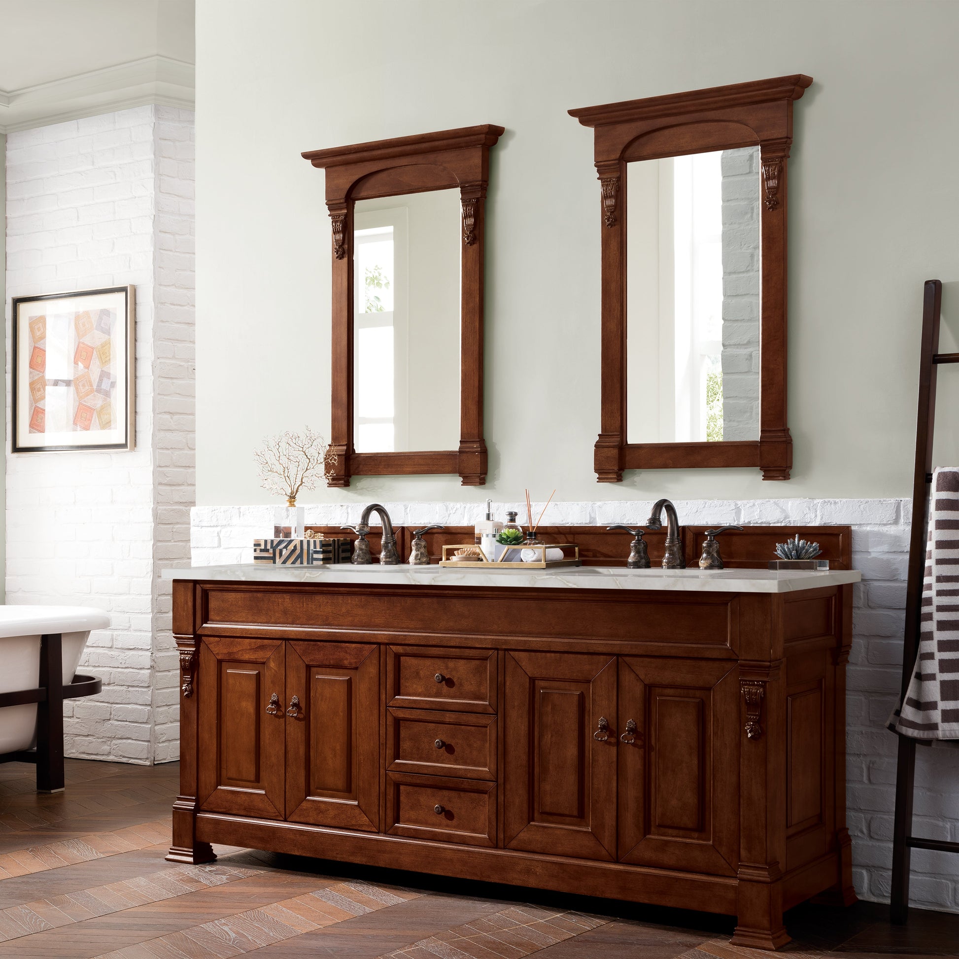 James Martin Vanities Brittany 72" Warm Cherry Double Vanity With 3 cm Victorian Silver Quartz Top