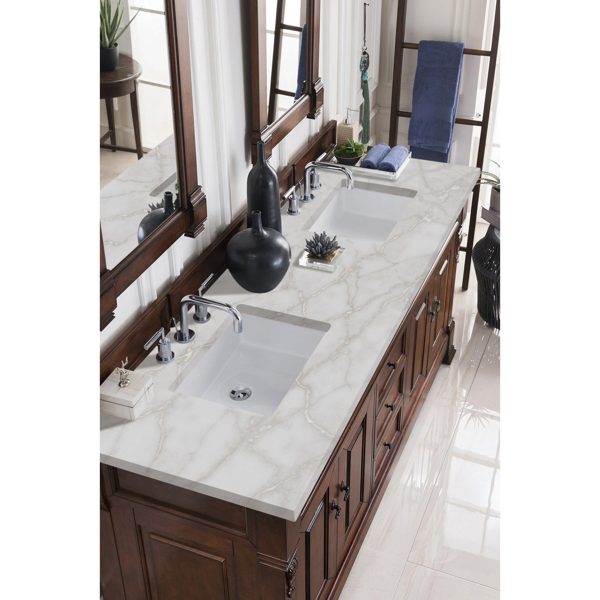 James Martin Vanities Brittany 72" Warm Cherry Double Vanity With 3 cm Victorian Silver Quartz Top