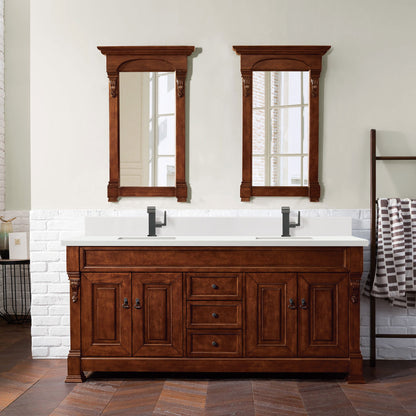 James Martin Vanities Brittany 72" Warm Cherry Double Vanity With Single Hole 3 cm White Zeus Quartz Top & Backsplash