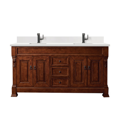 James Martin Vanities Brittany 72" Warm Cherry Double Vanity With Single Hole 3 cm White Zeus Quartz Top & Backsplash