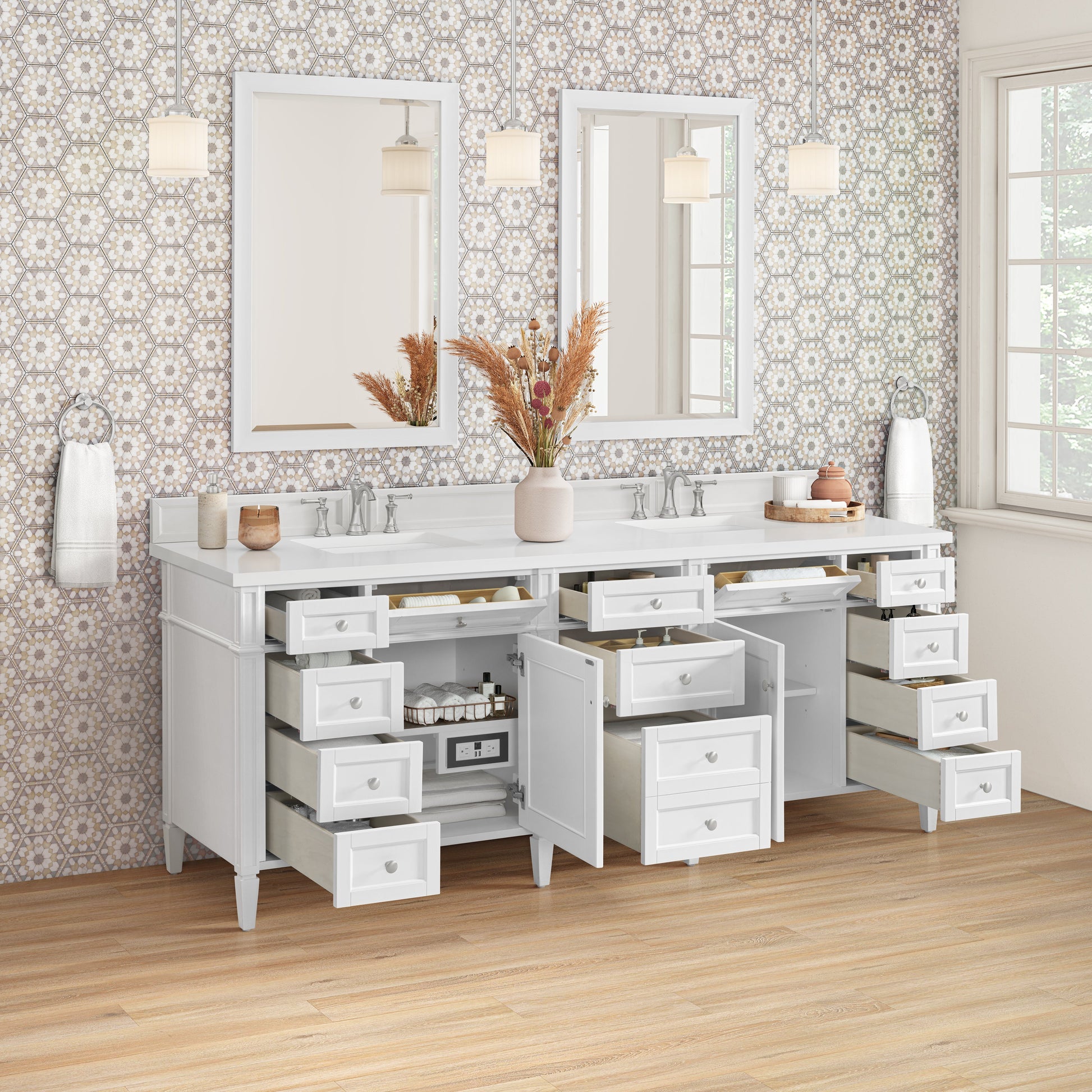 James Martin Vanities Brittany 84" Bright White Double Vanity With 3 cm White Zeus Quartz Top