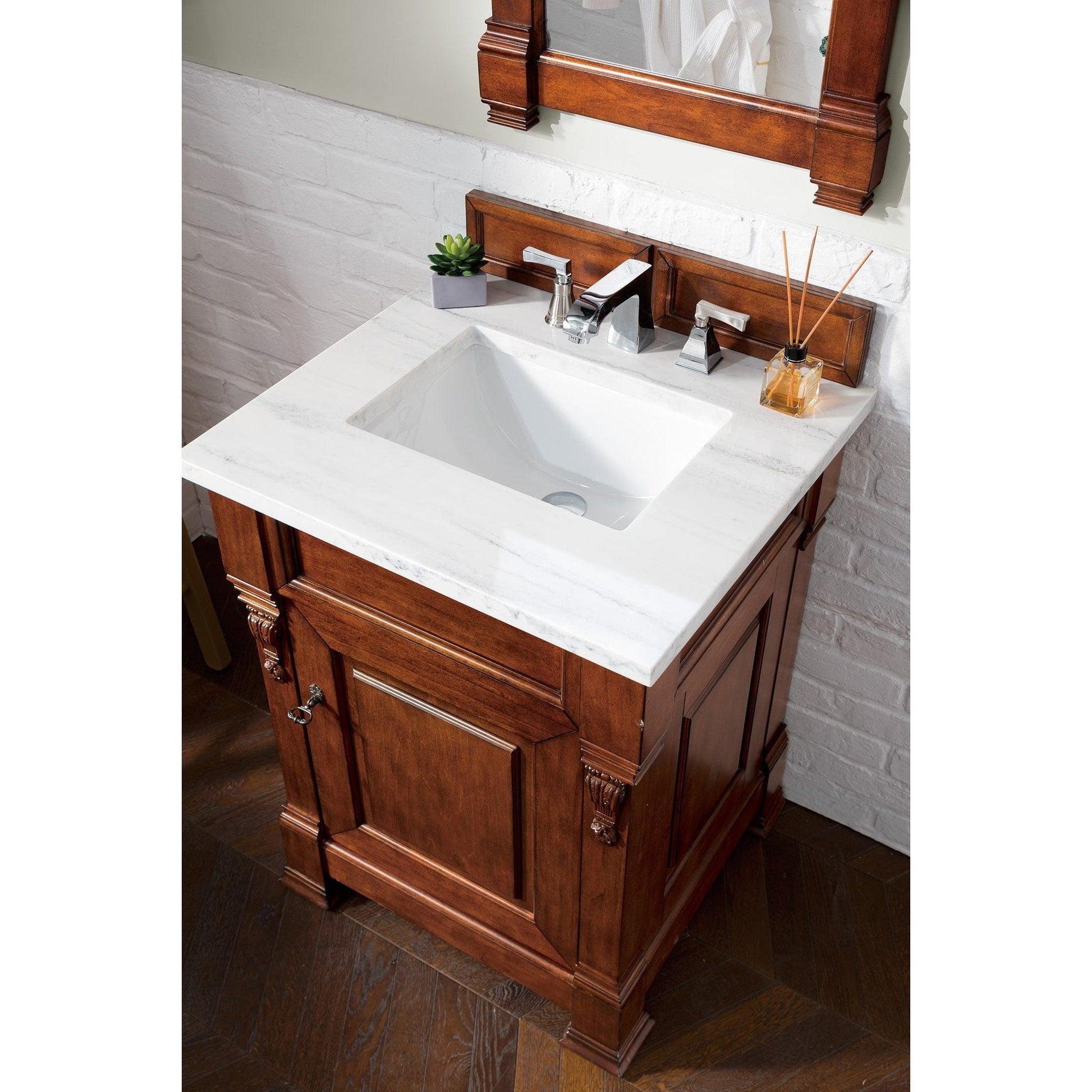 James Martin Vanities Brookfield 26" Warm Cherry Single Vanity With 3cm Arctic Fall Solid Surface Top