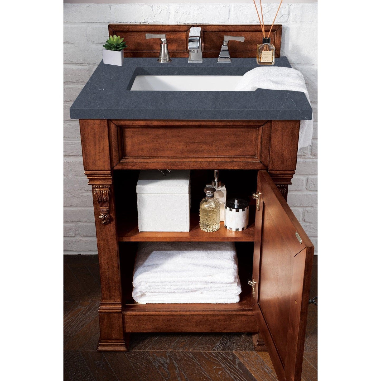 James Martin Vanities Brookfield 26" Warm Cherry Single Vanity With 3cm Charcoal Soapstone Quartz Top