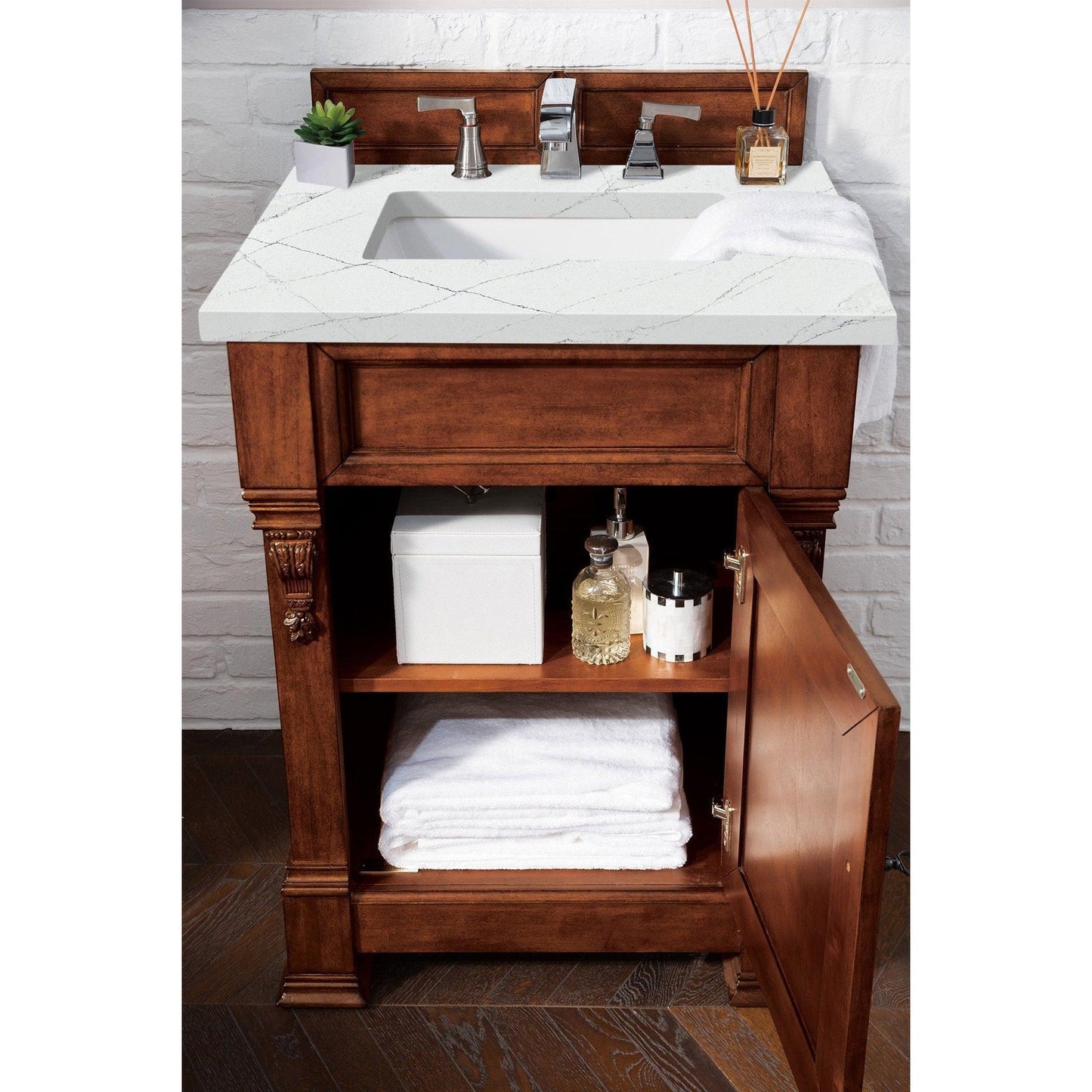 James Martin Vanities Brookfield 26" Warm Cherry Single Vanity With 3cm Ethereal Noctis Quartz Top