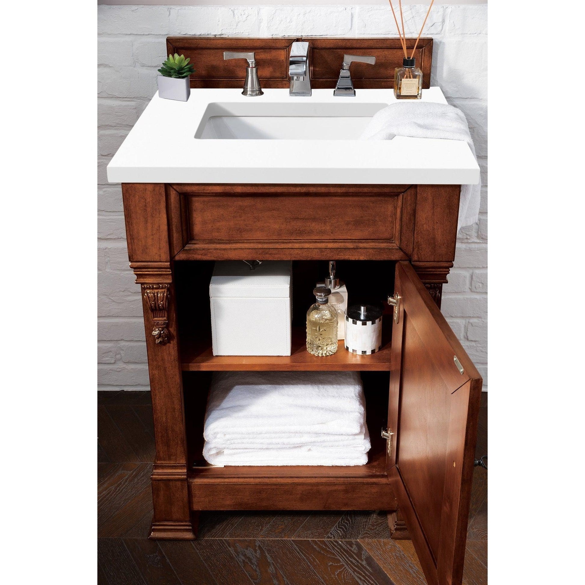 James Martin Vanities Brookfield 26" Warm Cherry Single Vanity With 3cm White Zeus Quartz Top