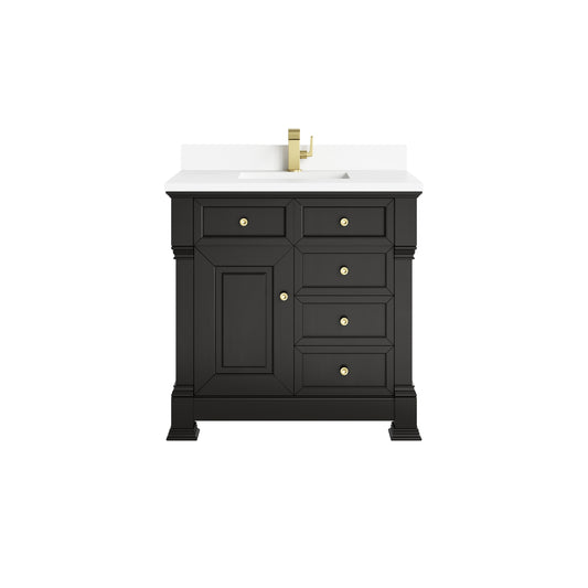 James Martin Vanities Brookfield 36" Black Onyx Single Vanity With Single Hole 3cm White Zeus Silestone Top and Backsplash
