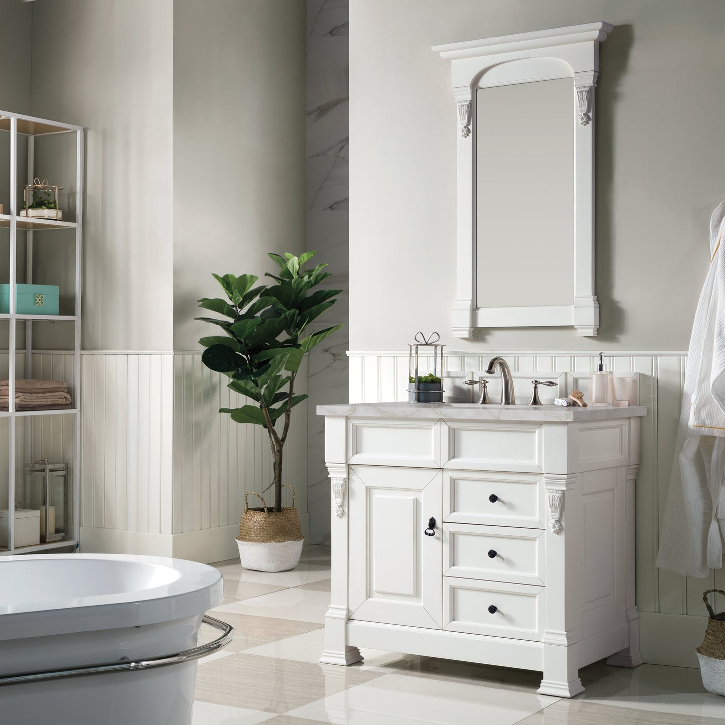 James Martin Vanities Brookfield 36" Bright White Single Vanity With 3 cm Victorian Silver Quartz Top