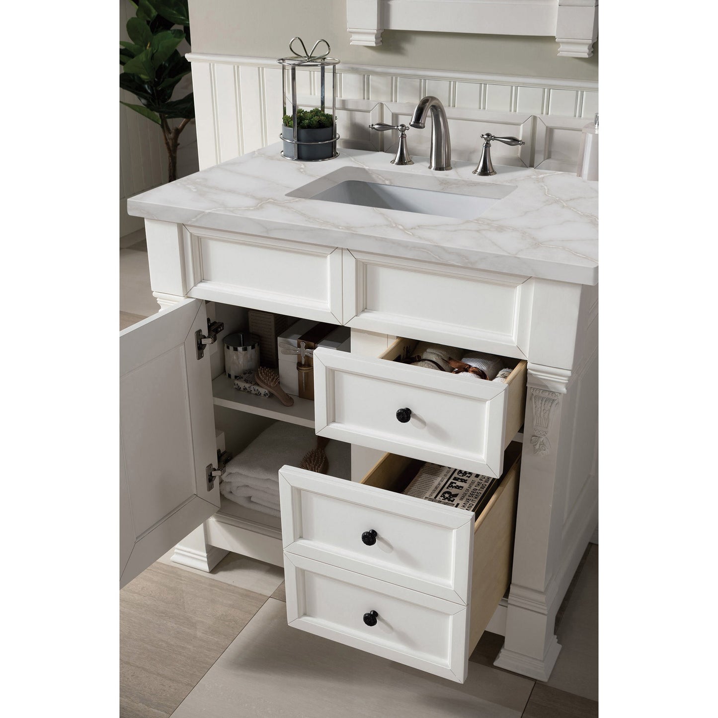 James Martin Vanities Brookfield 36" Bright White Single Vanity With 3 cm Victorian Silver Quartz Top