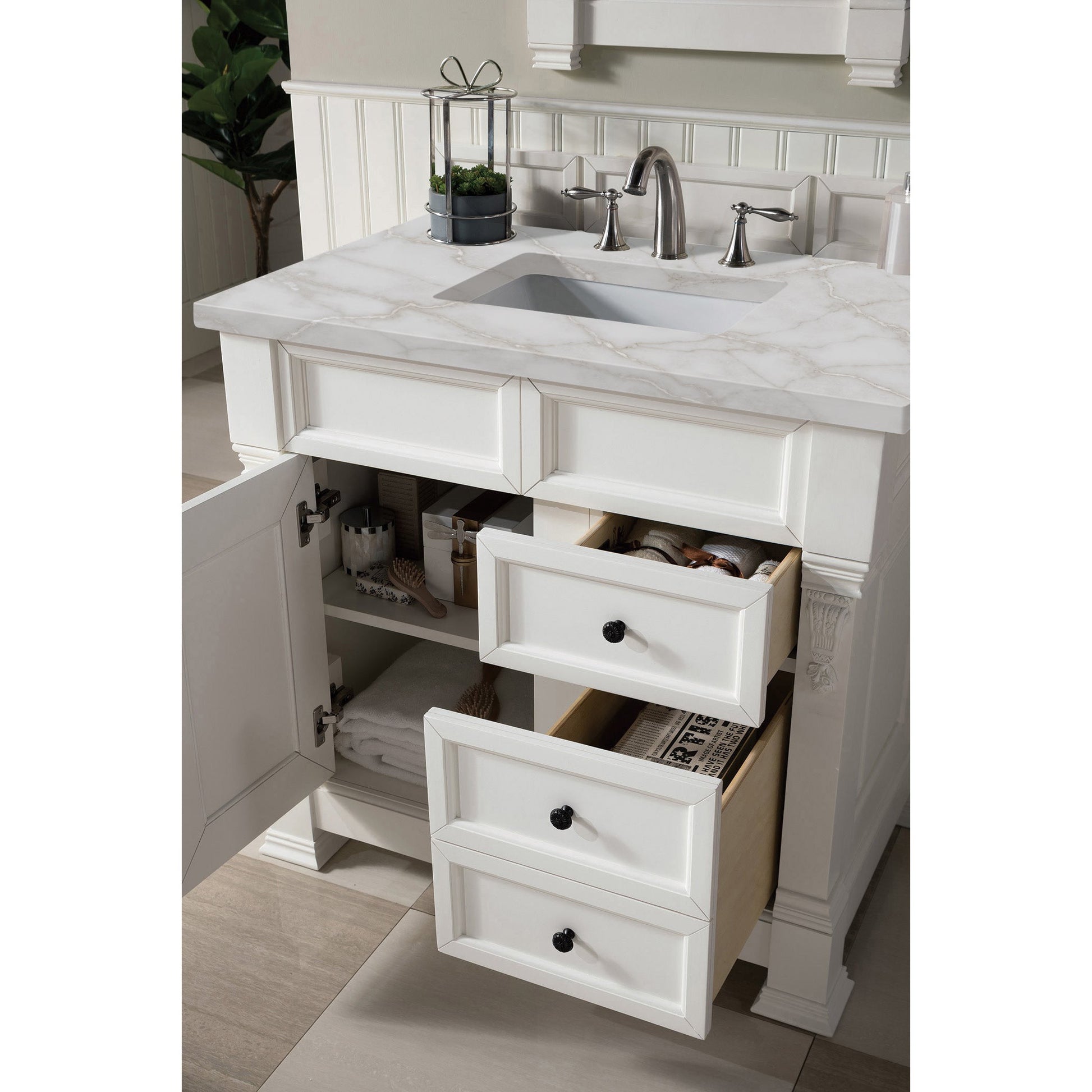 James Martin Vanities Brookfield 36" Bright White Single Vanity With 3 cm Victorian Silver Quartz Top