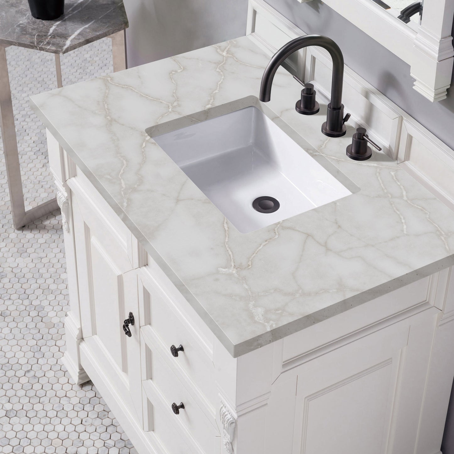 James Martin Vanities Brookfield 36" Bright White Single Vanity With 3 cm Victorian Silver Quartz Top