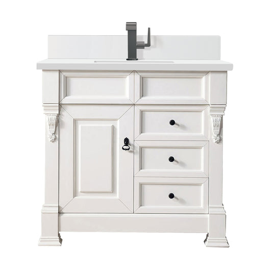 James Martin Vanities Brookfield 36" Bright White Single Vanity With Single Hole 3 cm White Zeus Quartz Top & Backsplash