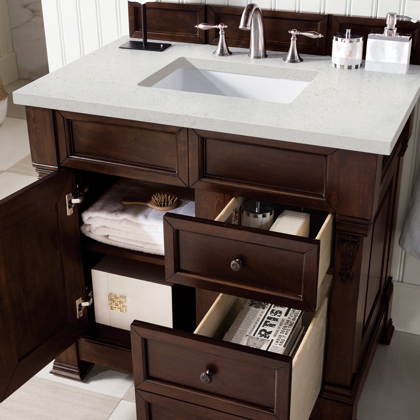 James Martin Vanities Brookfield 36" Burnished Mahogany Single Vanity With 3 cm Lime Delight Quartz Top