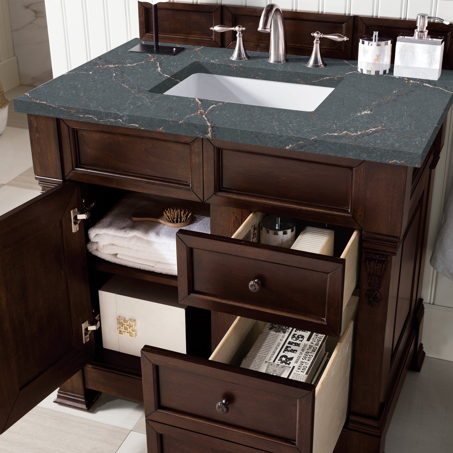 James Martin Vanities Brookfield 36" Burnished Mahogany Single Vanity With 3 cm Parisien Bleu Quartz Top