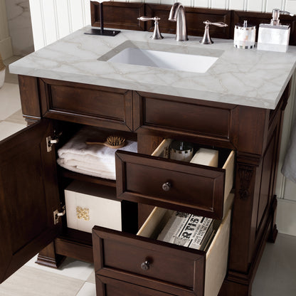 James Martin Vanities Brookfield 36" Burnished Mahogany Single Vanity With 3 cm Victorian Silver Quartz Top