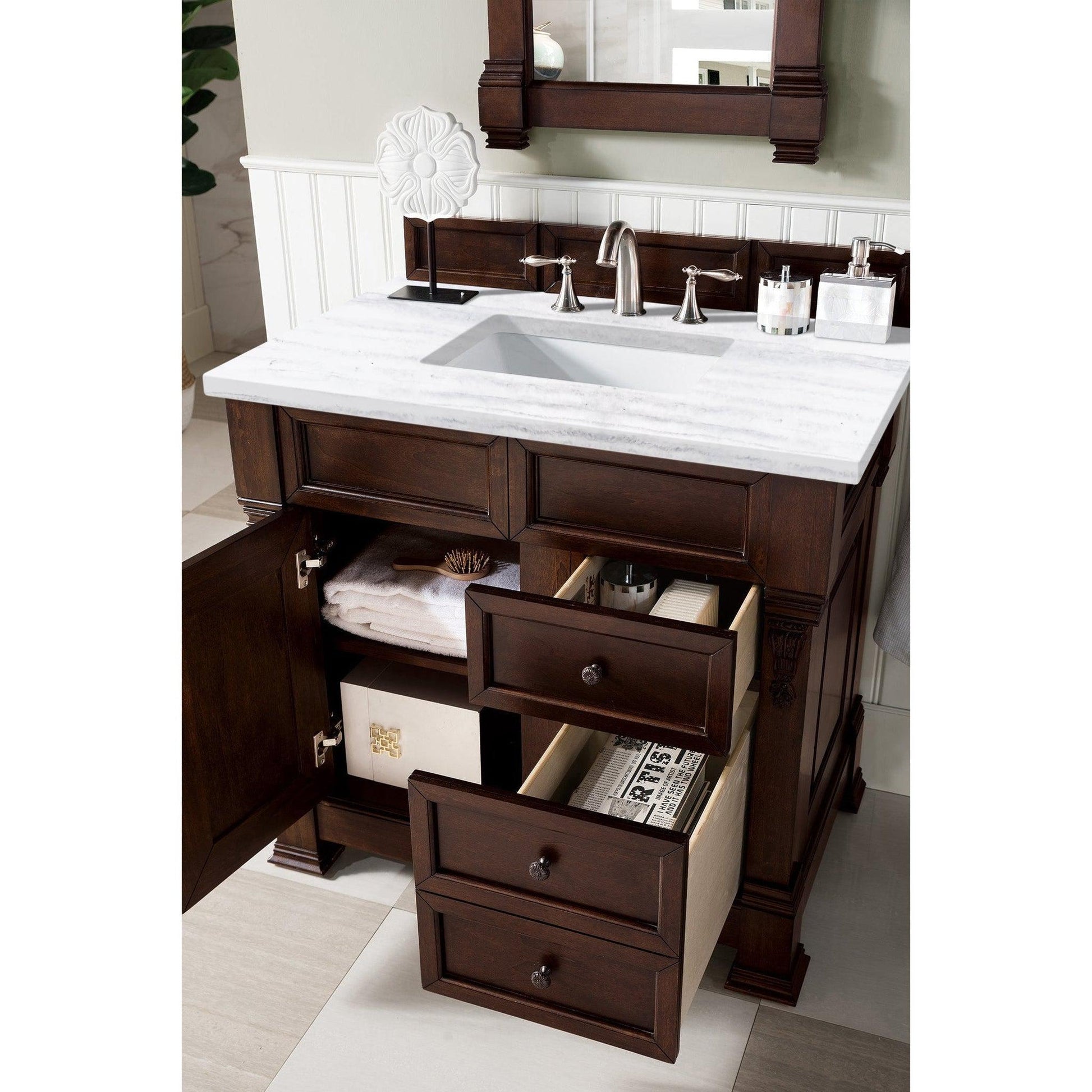 James Martin Vanities Brookfield 36" Burnished Mahogany Single Vanity With 3cm Arctic Fall Solid Surface Top
