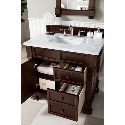 James Martin Vanities Brookfield 36" Burnished Mahogany Single Vanity With 3cm Carrara Marble Top