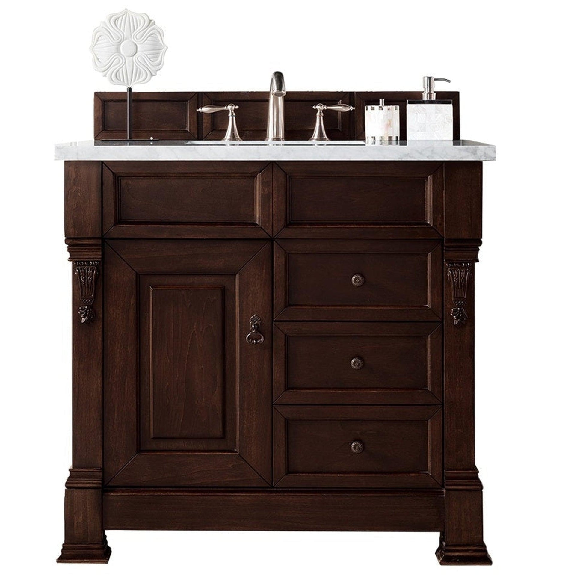 James Martin Vanities Brookfield 36" Burnished Mahogany Single Vanity With 3cm Carrara Marble Top