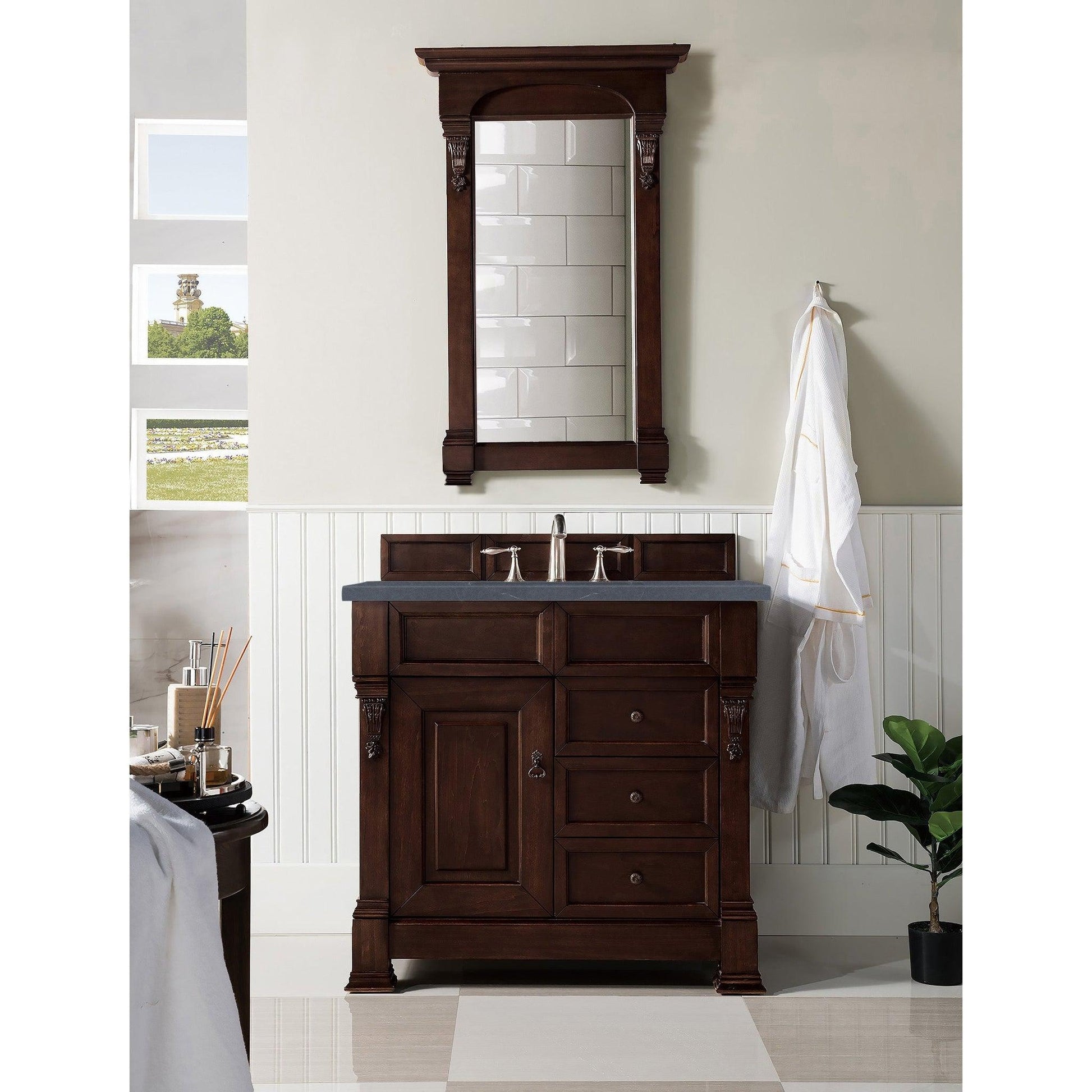 James Martin Vanities Brookfield 36" Burnished Mahogany Single Vanity With 3cm Charcoal Soapstone Quartz Top