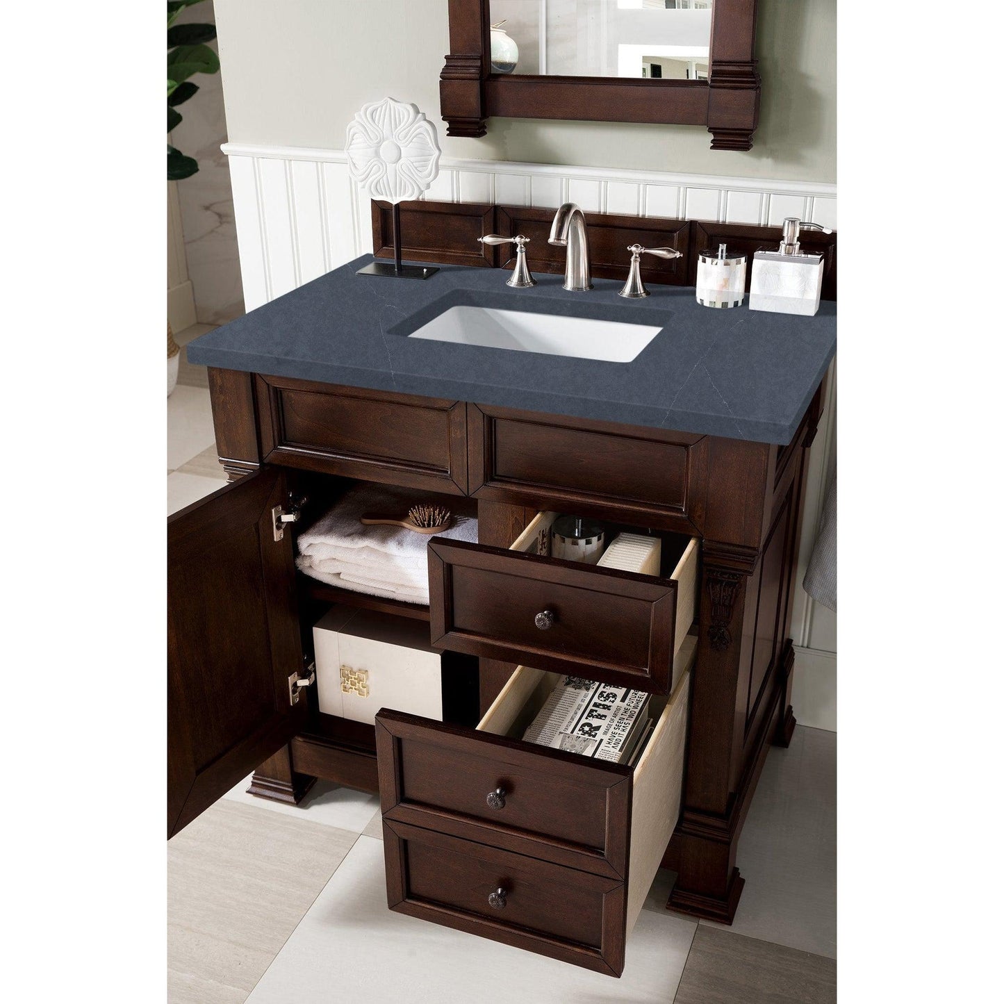 James Martin Vanities Brookfield 36" Burnished Mahogany Single Vanity With 3cm Charcoal Soapstone Quartz Top