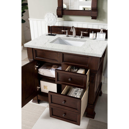 James Martin Vanities Brookfield 36" Burnished Mahogany Single Vanity With 3cm Eternal Jasmine Pearl Quartz Top