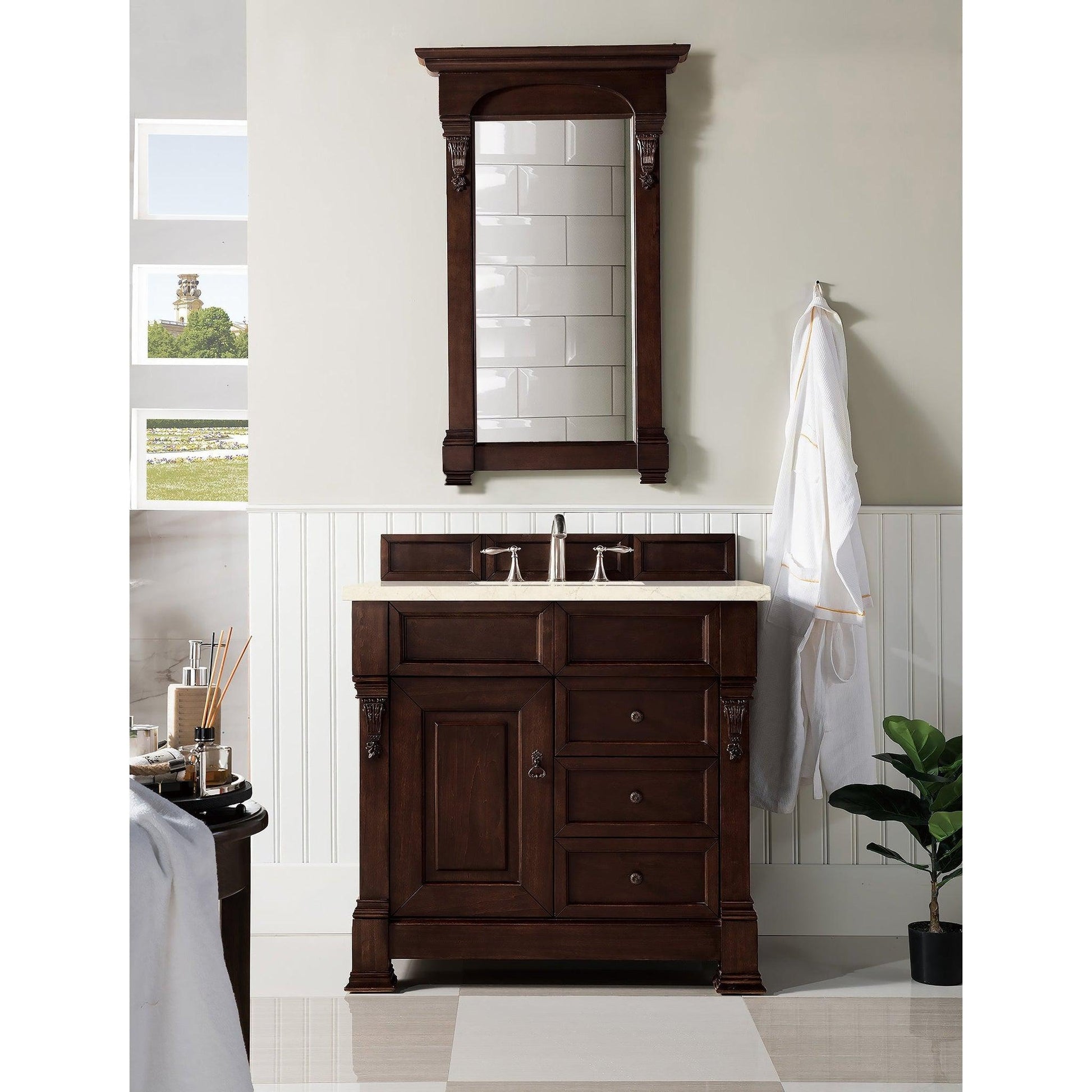 James Martin Vanities Brookfield 36" Burnished Mahogany Single Vanity With 3cm Eternal Marfil Quartz Top