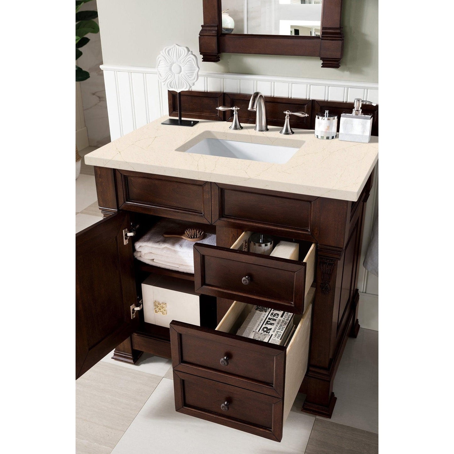 James Martin Vanities Brookfield 36" Burnished Mahogany Single Vanity With 3cm Eternal Marfil Quartz Top