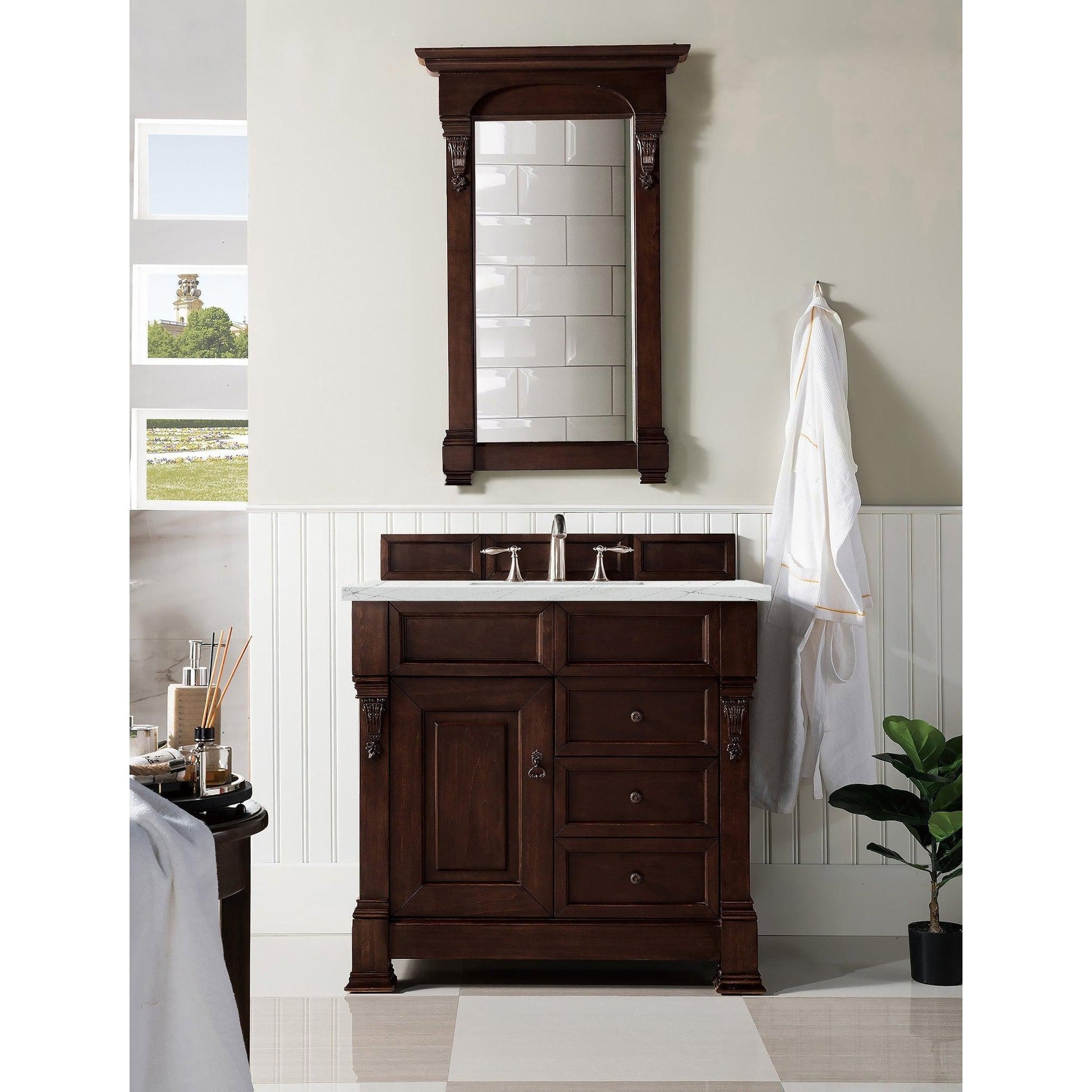 James Martin Vanities Brookfield 36" Burnished Mahogany Single Vanity With 3cm Ethereal Noctis Quartz Top