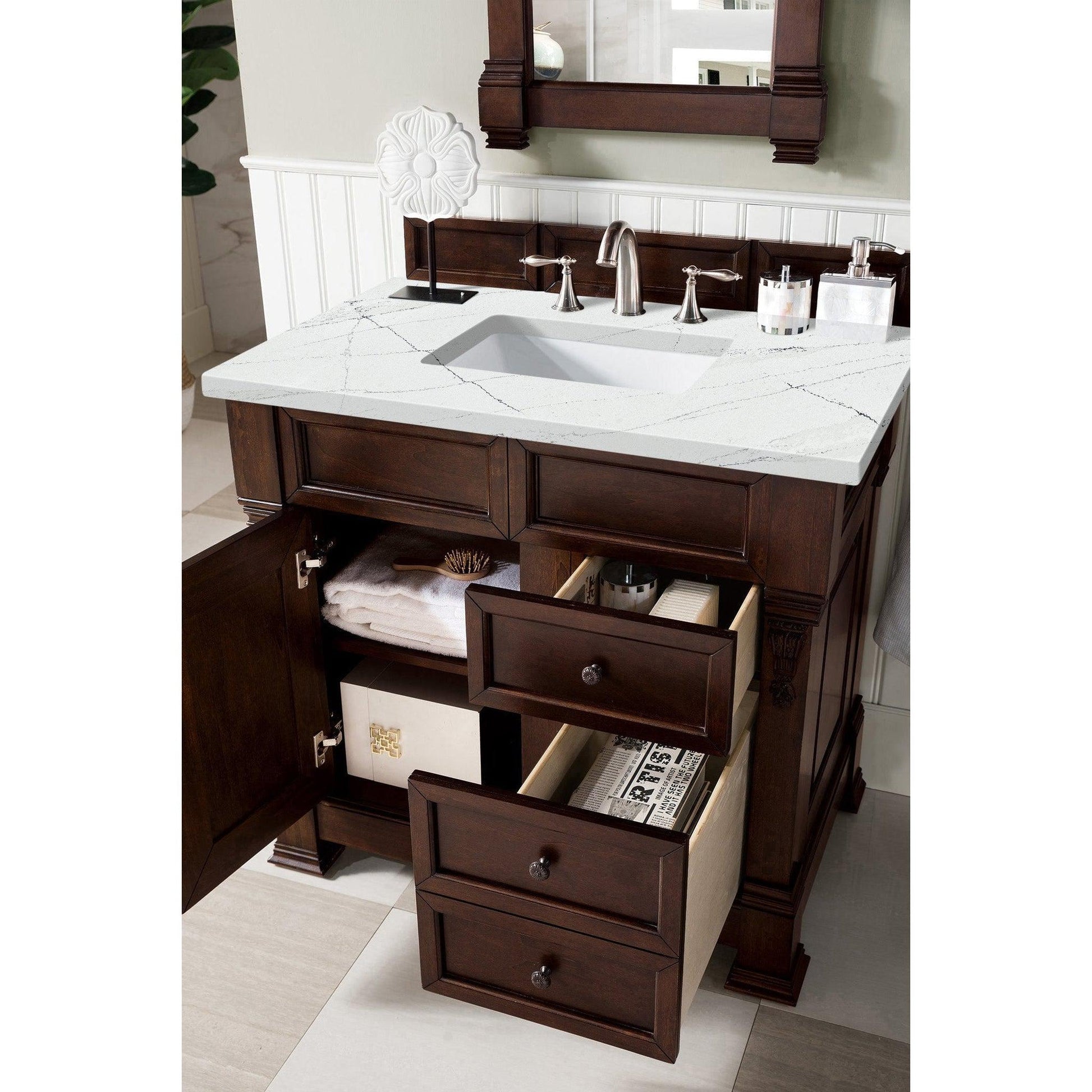 James Martin Vanities Brookfield 36" Burnished Mahogany Single Vanity With 3cm Ethereal Noctis Quartz Top