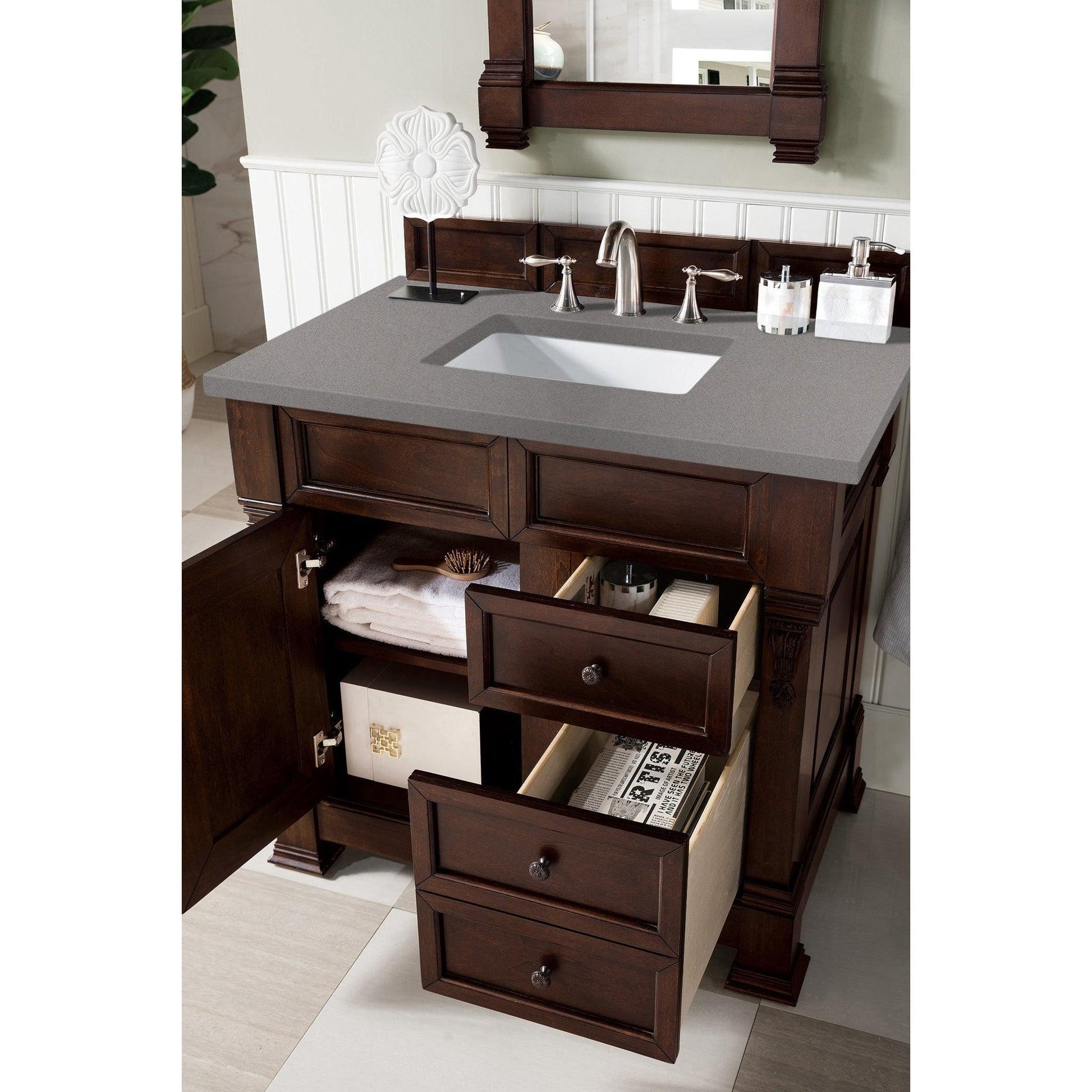 James Martin Vanities Brookfield 36" Burnished Mahogany Single Vanity With 3cm Grey Expo Quartz Top