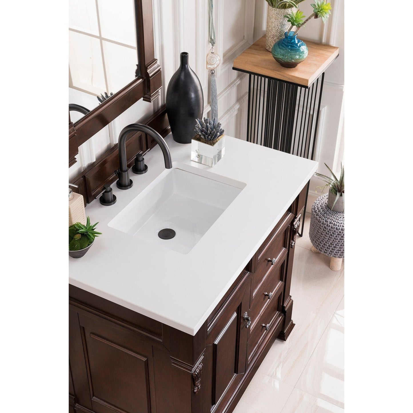 James Martin Vanities Brookfield 36" Burnished Mahogany Single Vanity With 3cm White Zeus Quartz Top