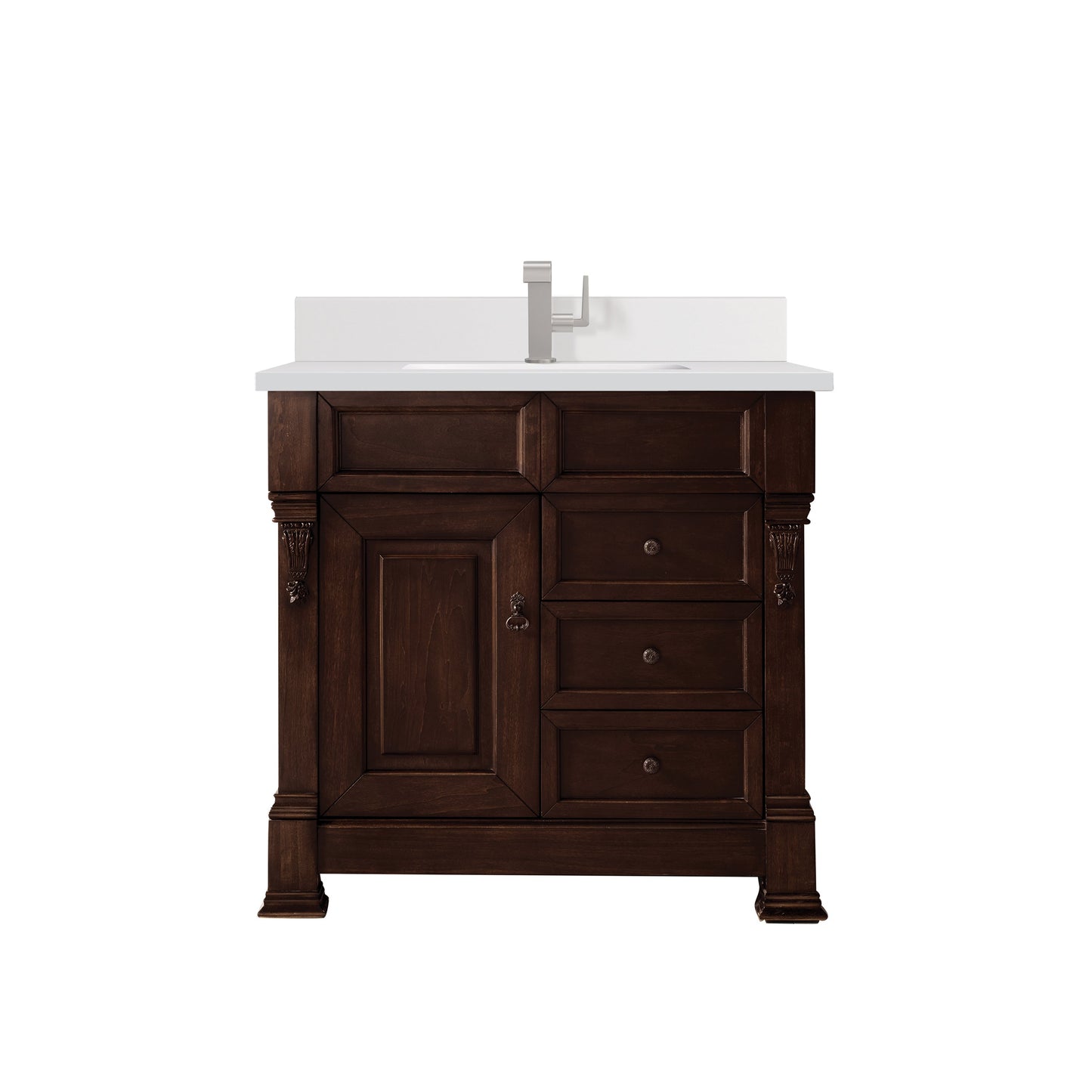 James Martin Vanities Brookfield 36" Burnished Mahogany Single Vanity With Single Hole 3 cm White Zeus Quartz Top & Backsplash