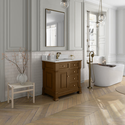 James Martin Vanities Brookfield 36" Honey Oak Single Vanity With Single Hole 3cm White Zeus Silestone Top and Backsplash