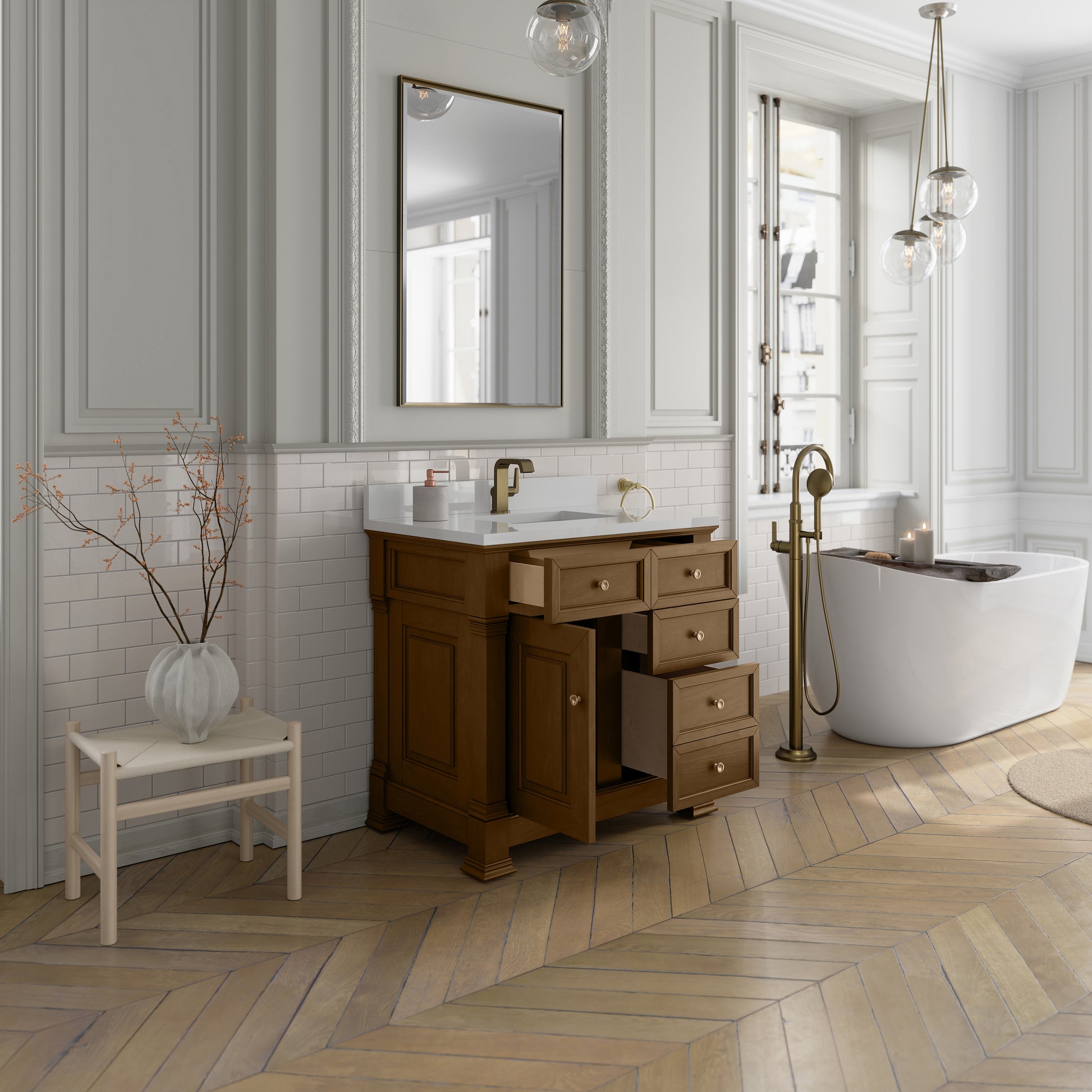 James Martin Vanities Brookfield 36" Honey Oak Single Vanity With Single Hole 3cm White Zeus Silestone Top and Backsplash