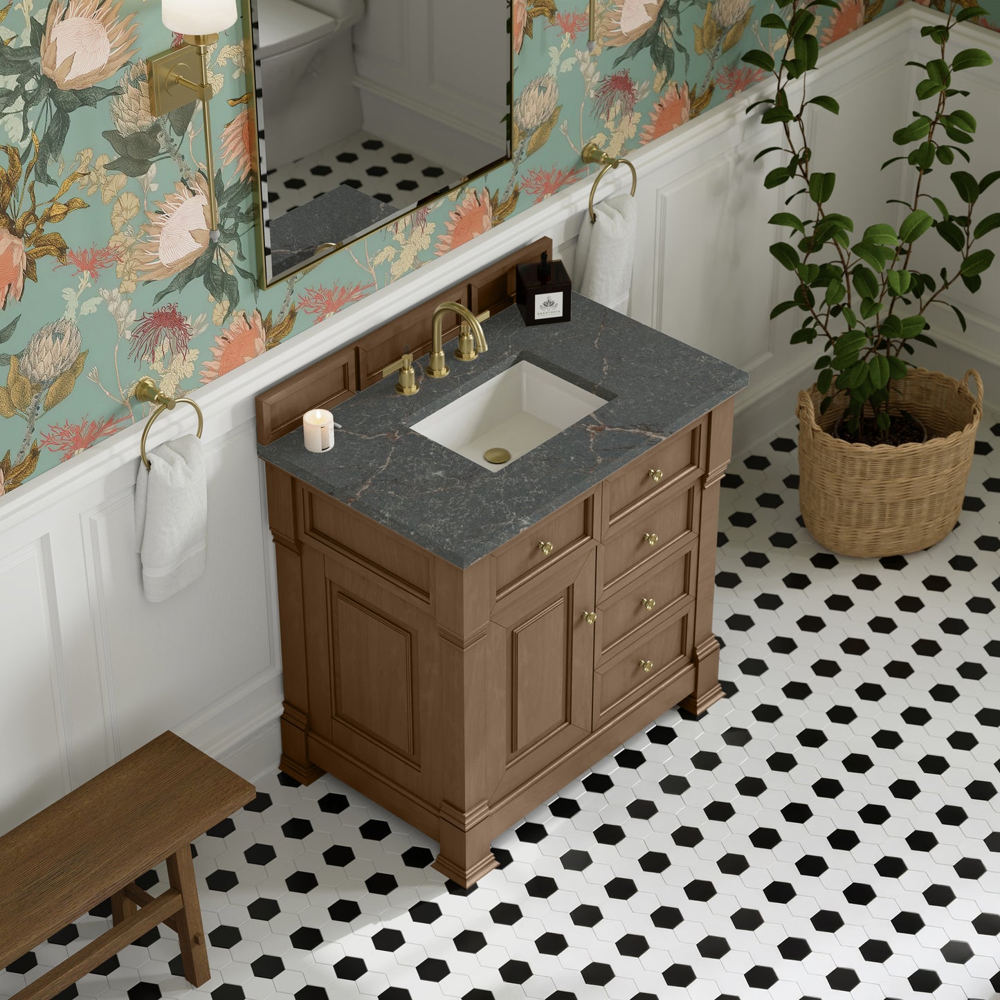 James Martin Vanities Brookfield 36" Pecan Single Vanity With 3cm Parisien Bleu Silestone Top