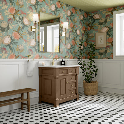 James Martin Vanities Brookfield 36" Pecan Single Vanity With Single Hole 3cm White Zeus Silestone Top and Backsplash