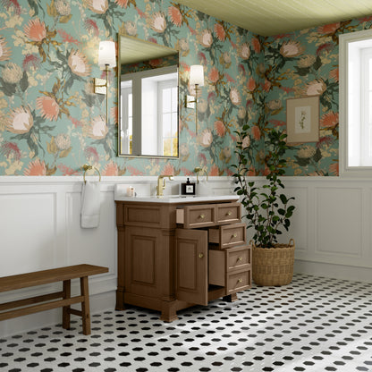 James Martin Vanities Brookfield 36" Pecan Single Vanity With Single Hole 3cm White Zeus Silestone Top and Backsplash