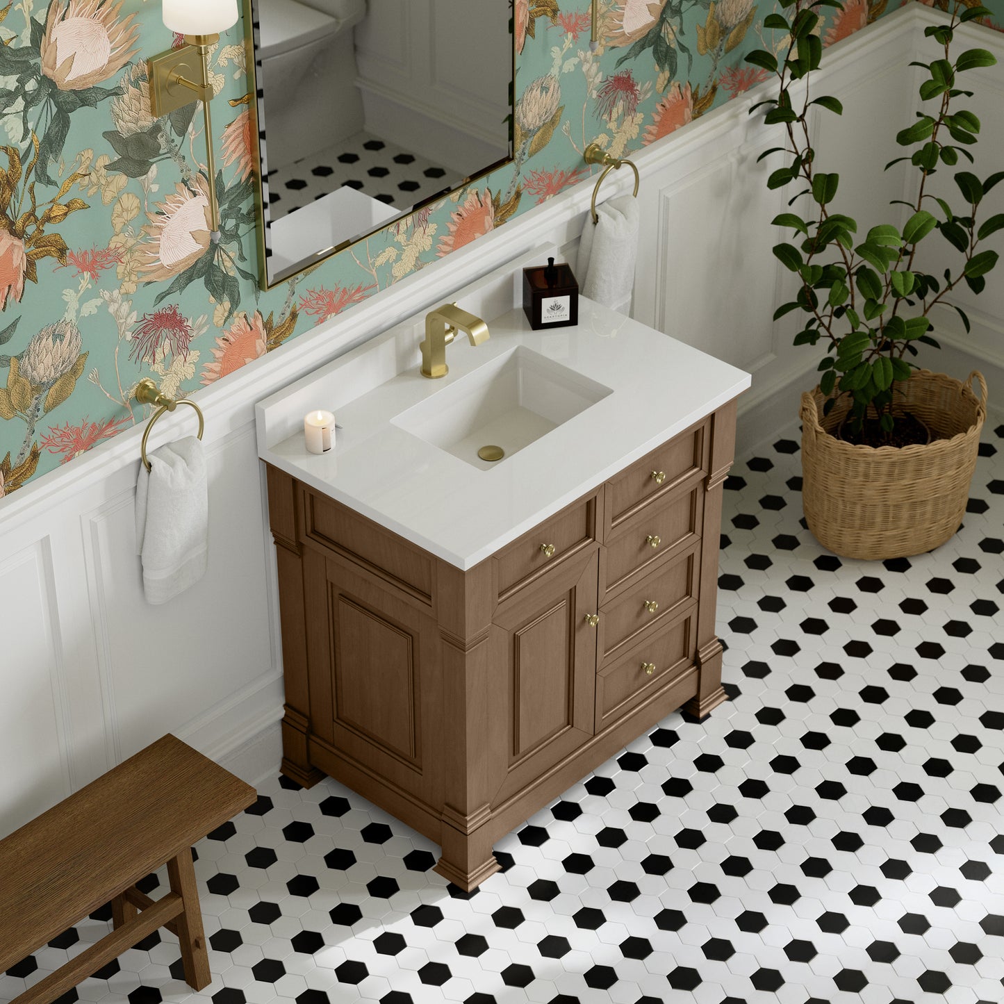 James Martin Vanities Brookfield 36" Pecan Single Vanity With Single Hole 3cm White Zeus Silestone Top and Backsplash