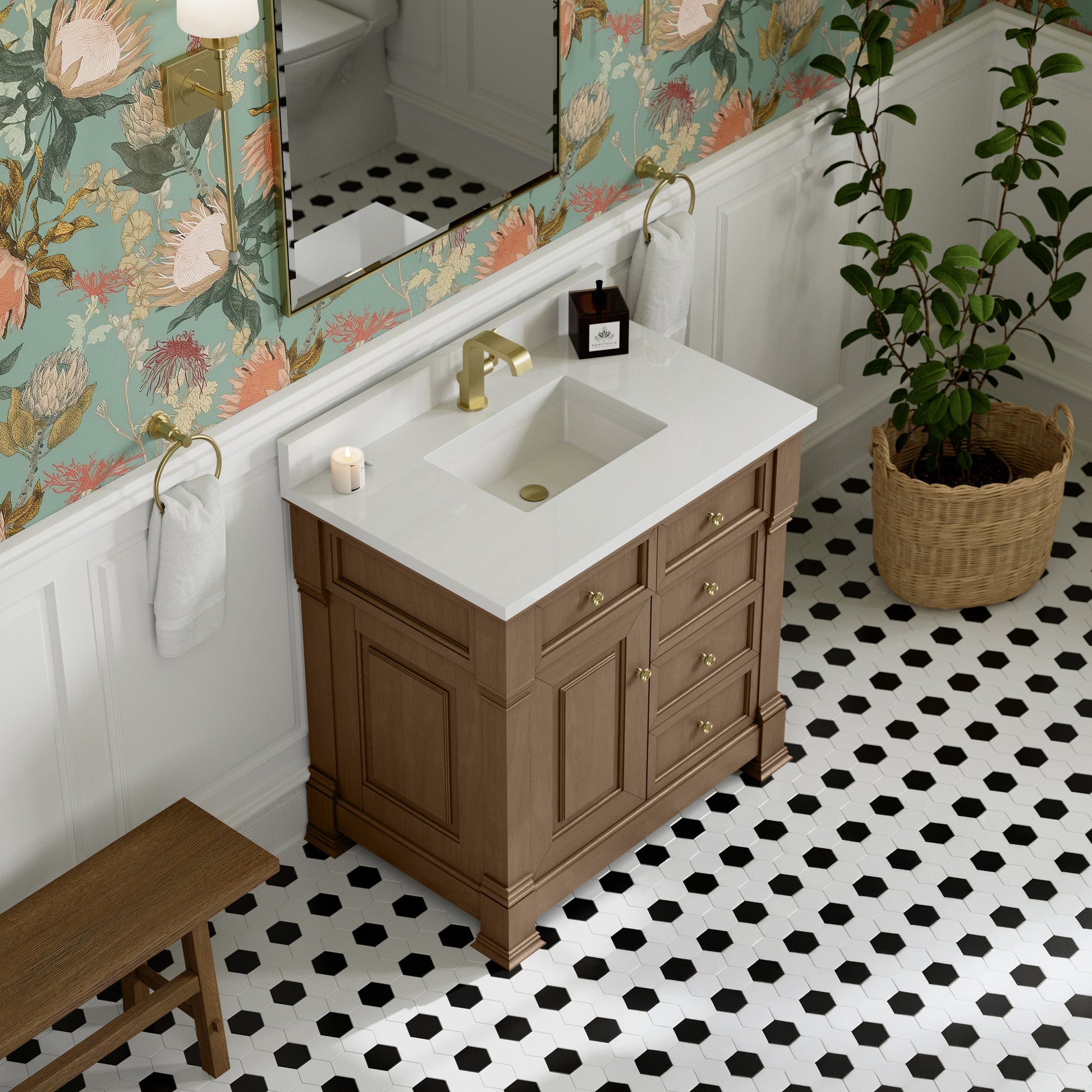 James Martin Vanities Brookfield 36" Pecan Single Vanity With Single Hole 3cm White Zeus Silestone Top and Backsplash