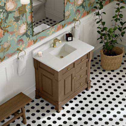 James Martin Vanities Brookfield 36" Pecan Single Vanity With Single Hole 3cm White Zeus Silestone Top and Backsplash